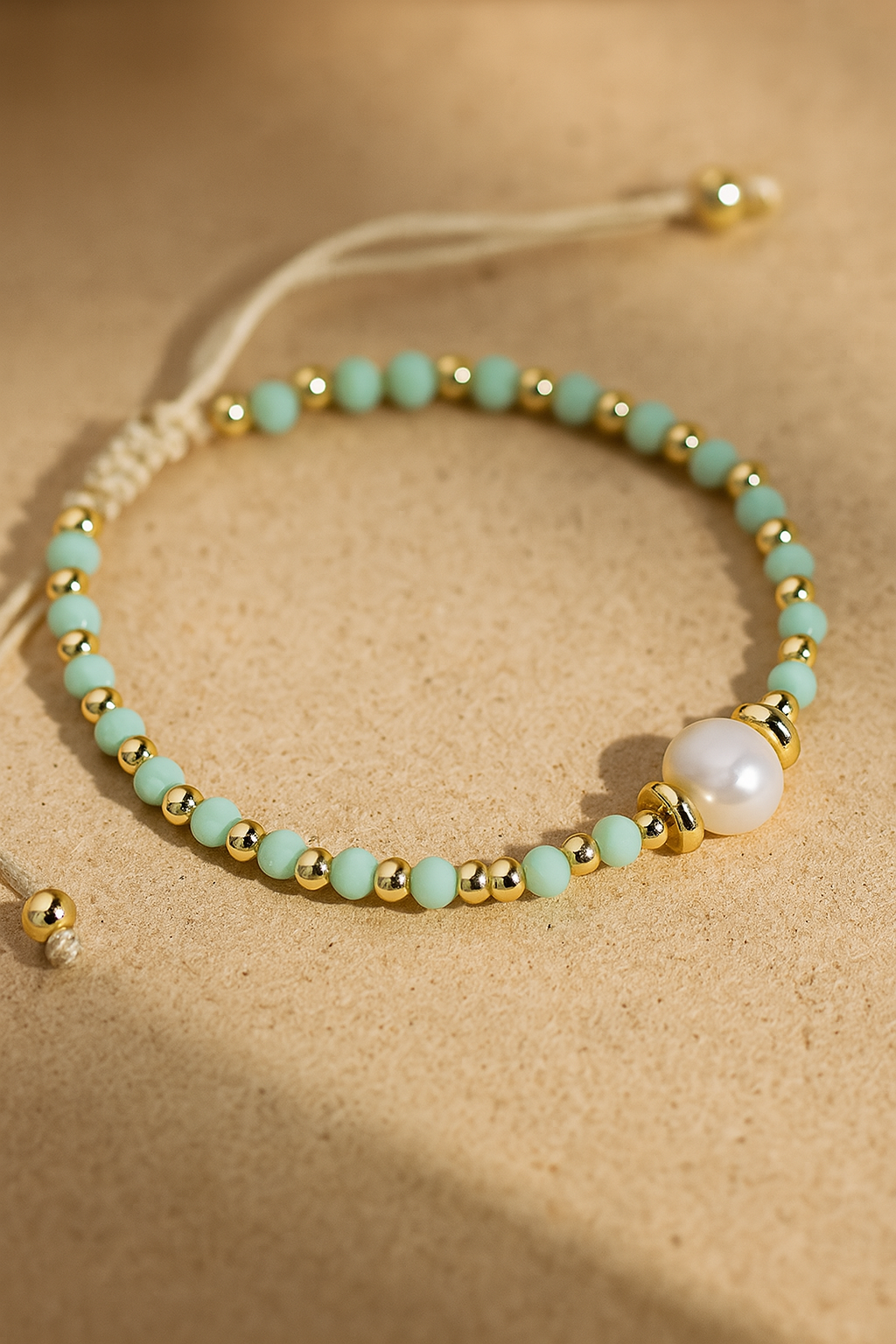 Mint Bead & Pearl Adjustable Bracelet