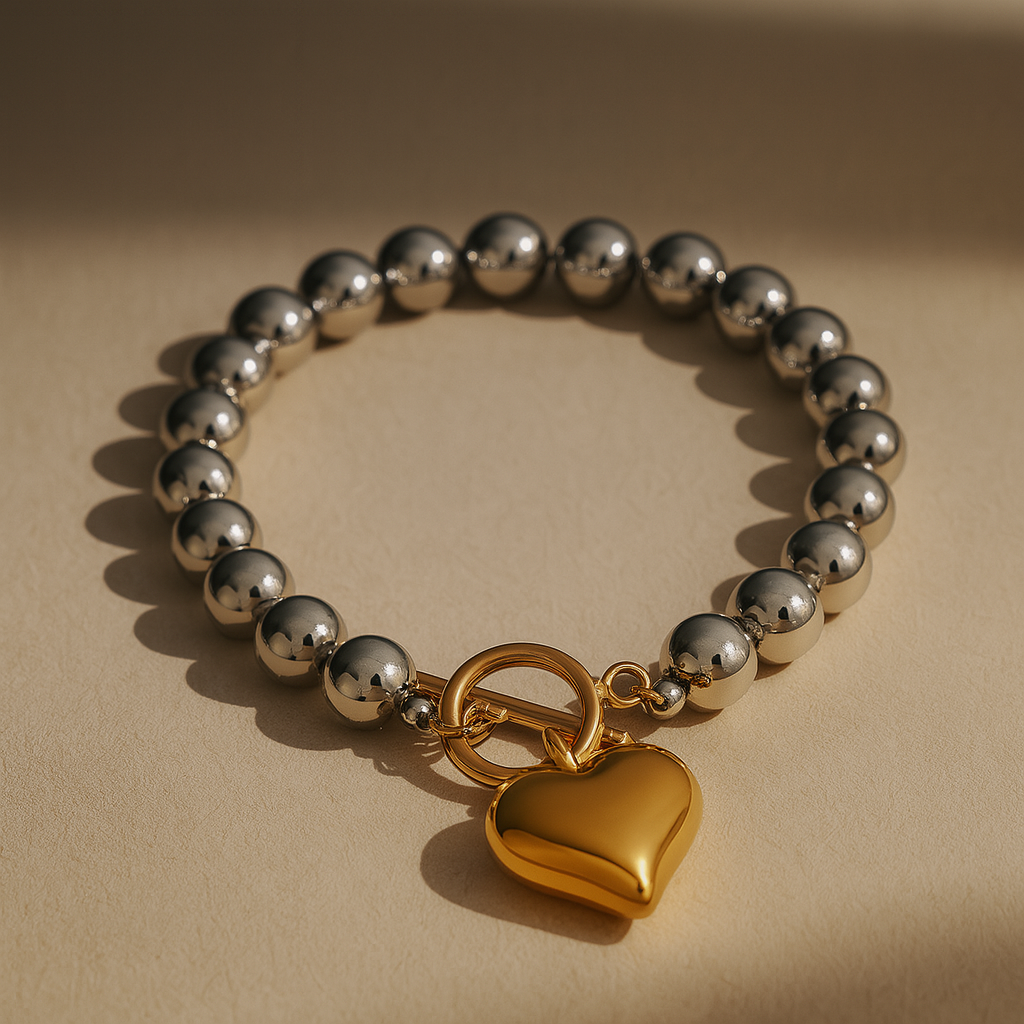 Silver Beaded Bracelet with Gold Heart Charm – Toggle Clasp