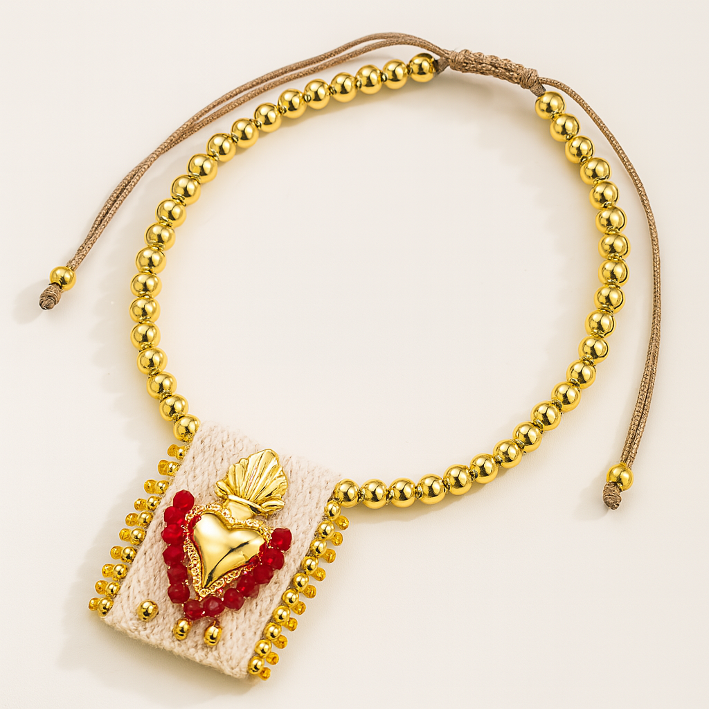 Gold Beaded Bracelet with Sacred Heart Charm