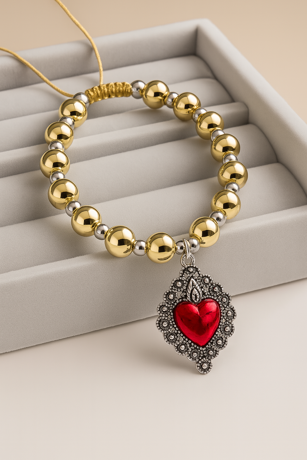 Golden Beaded Bracelet with Enamel Heart Charm