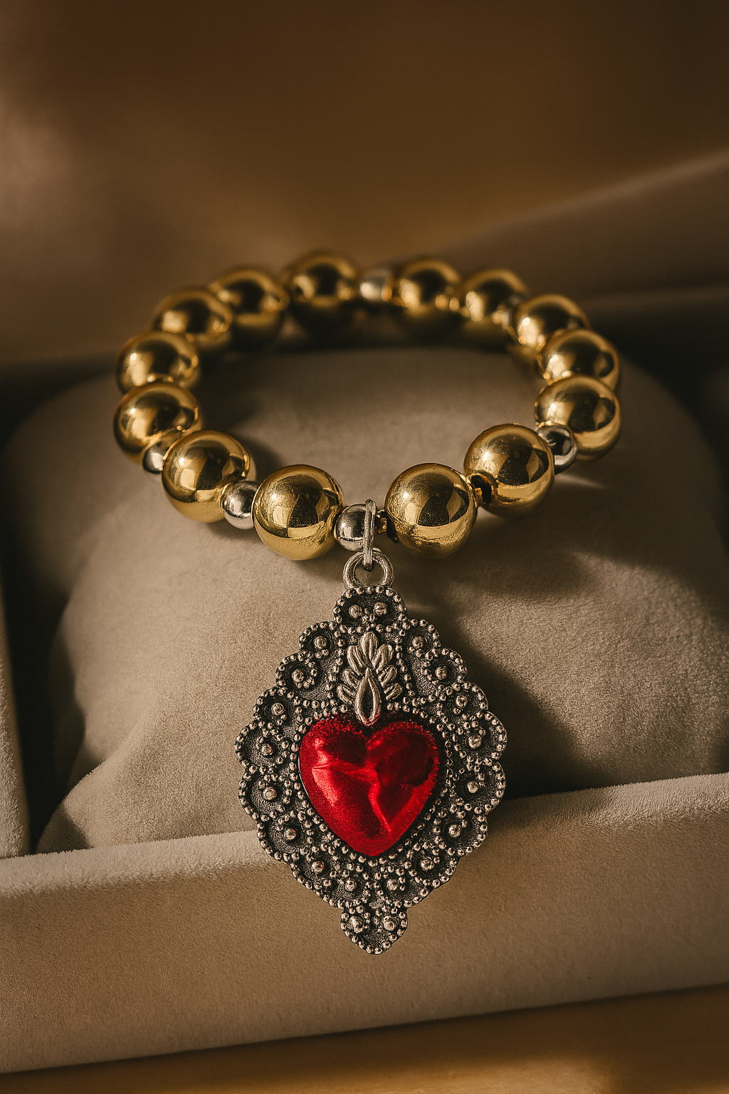 Golden Beaded Bracelet with Enamel Heart Charm