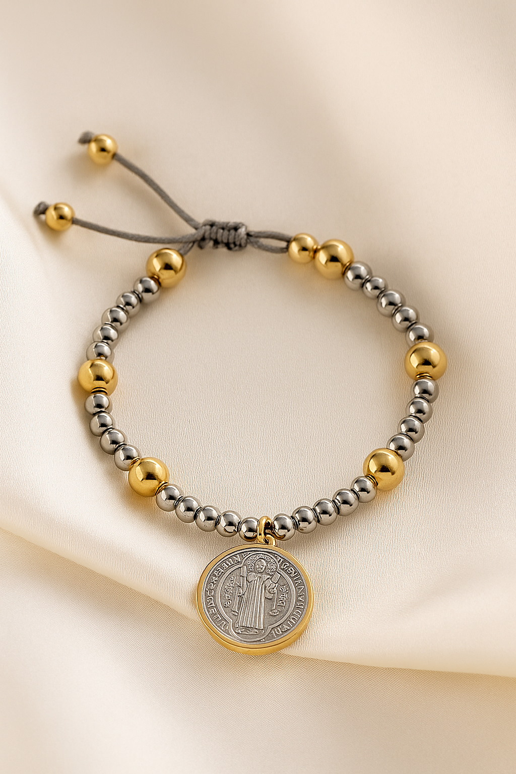 Gold & Silver Beaded Bracelet with Saint Benedict Medal