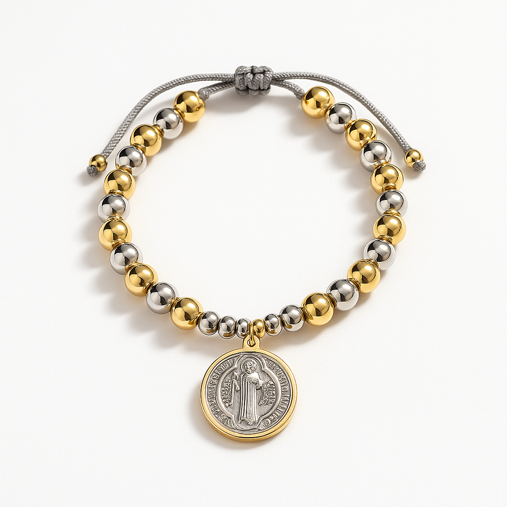 Gold & Silver Beaded Bracelet with Saint Benedict Medal