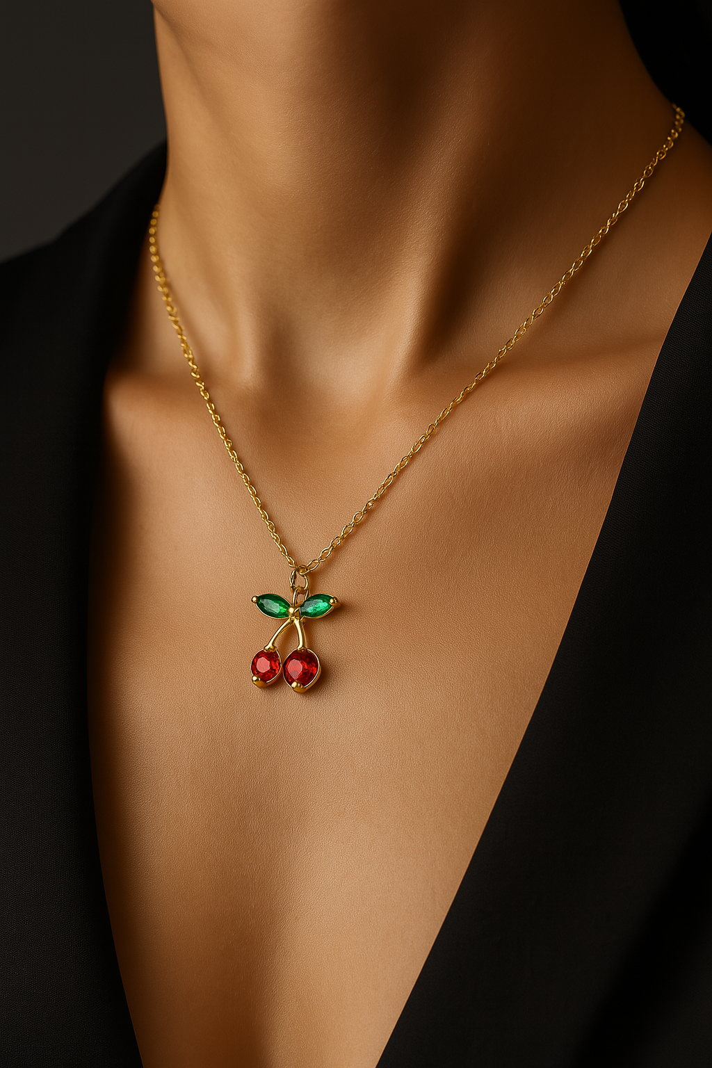 Gold Cherry Necklace with Red & Green Zircon Stones