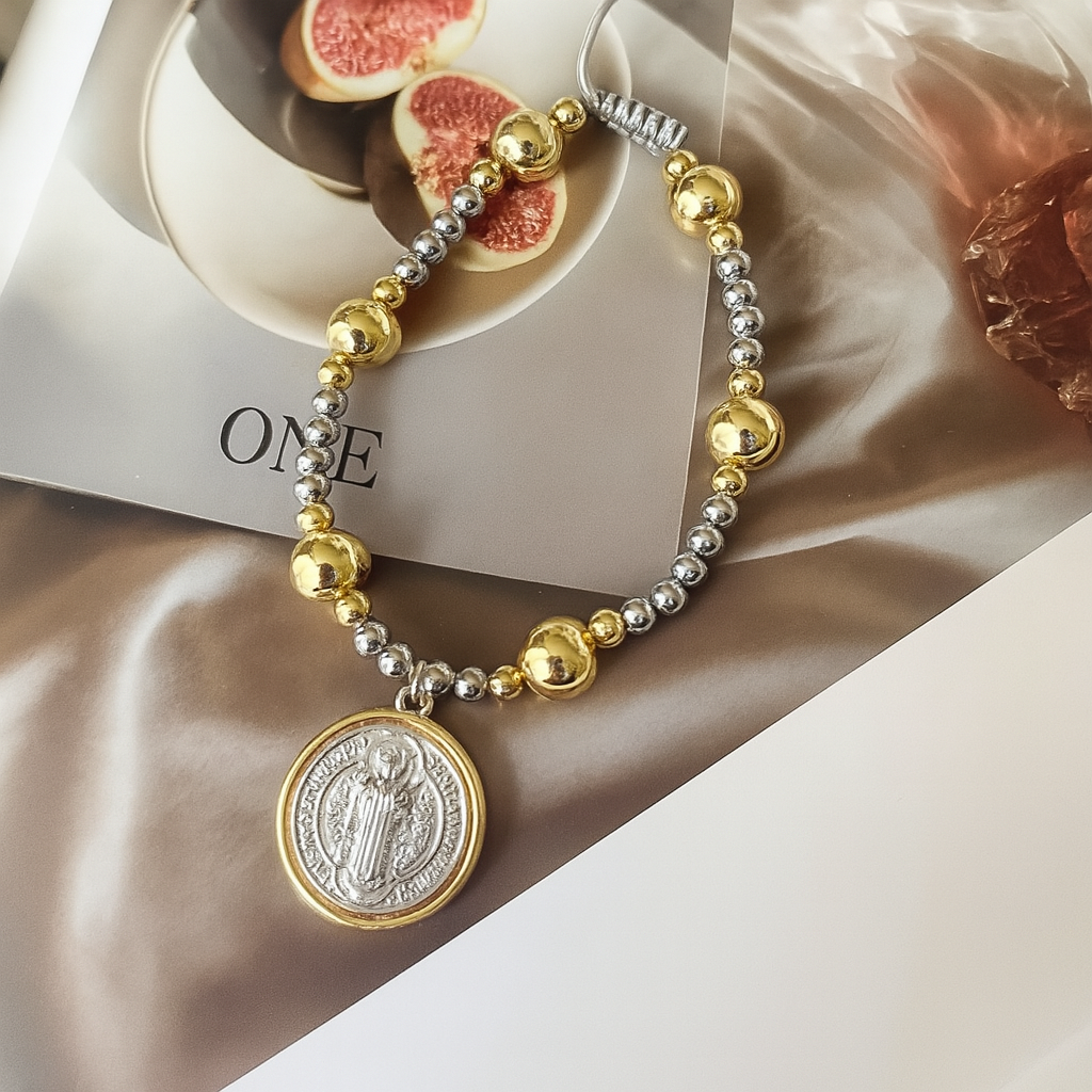 Gold & Silver Beaded Bracelet with Saint Benedict Medal