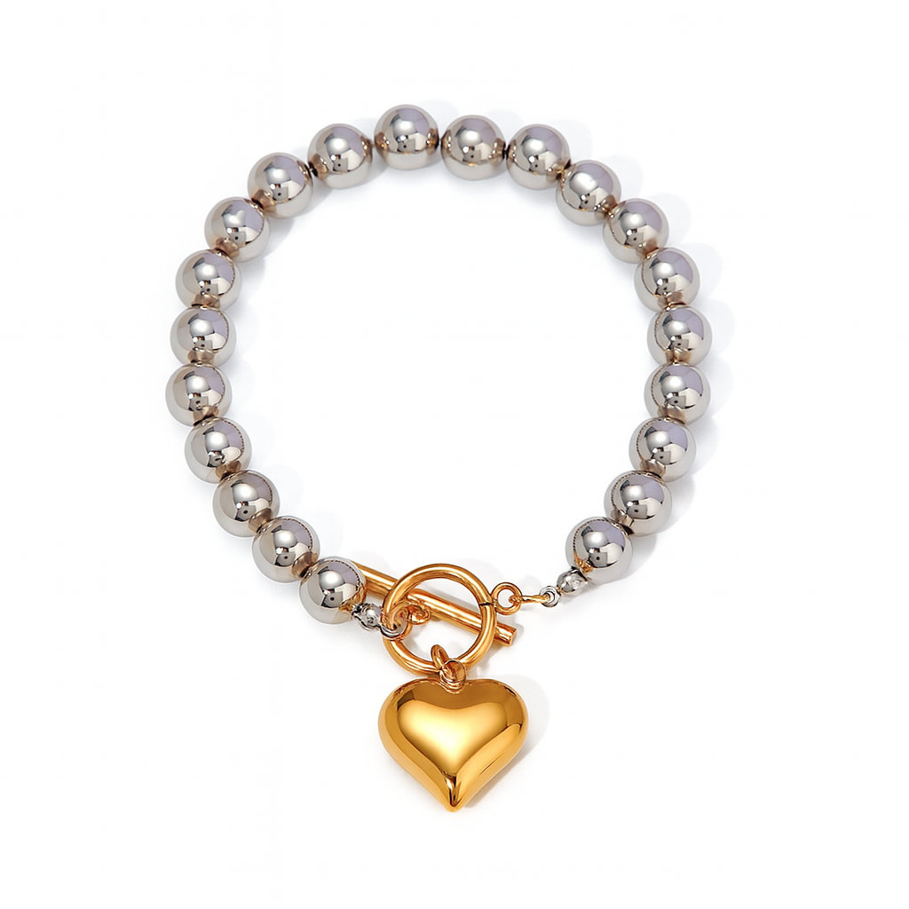 Silver Beaded Bracelet with Gold Heart Charm – Toggle Clasp