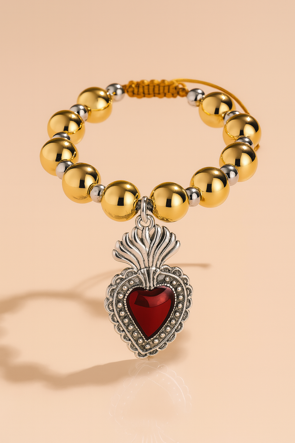 Gold Beaded Bracelet with Red Sacred Heart Charm