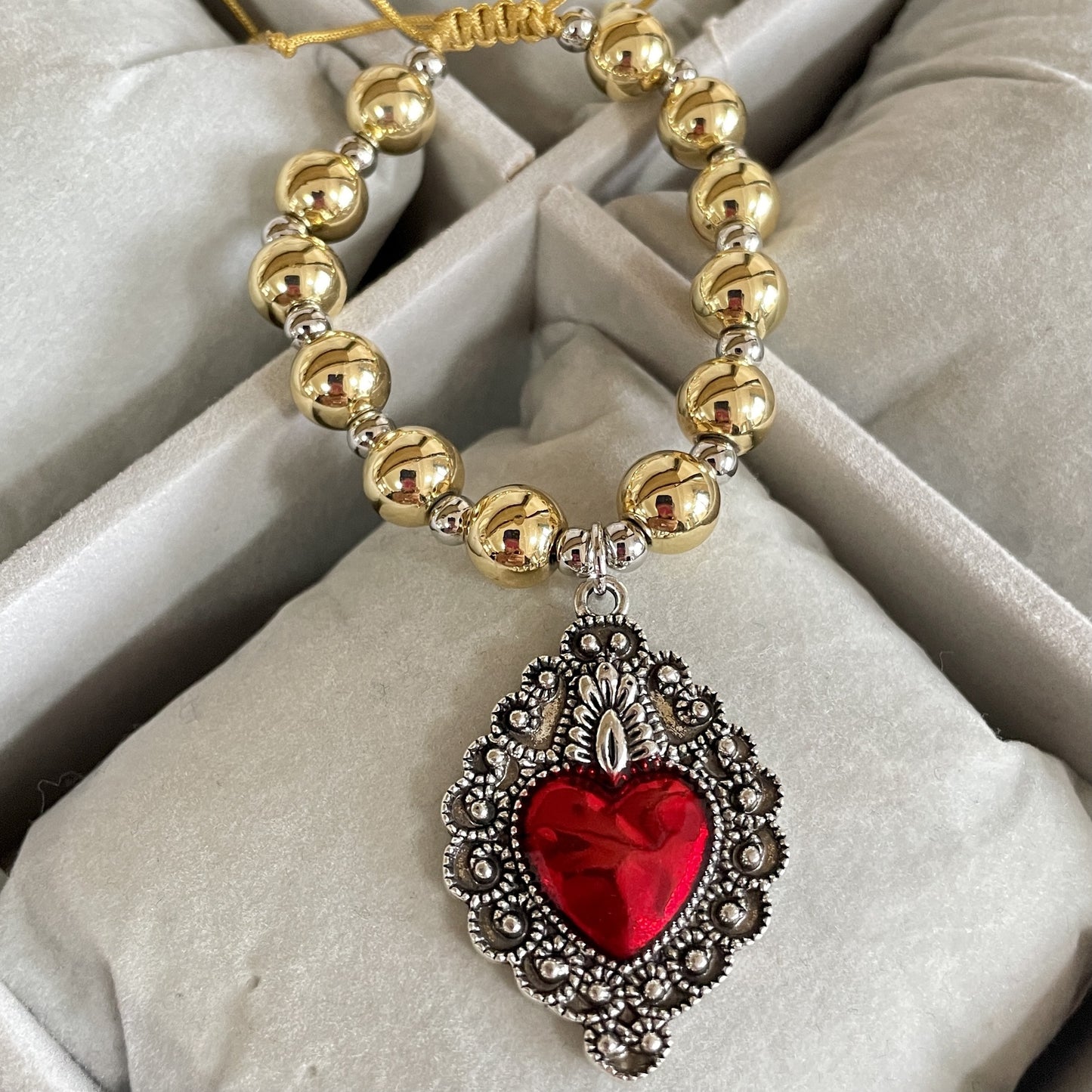 Golden Beaded Bracelet with Enamel Heart Charm
