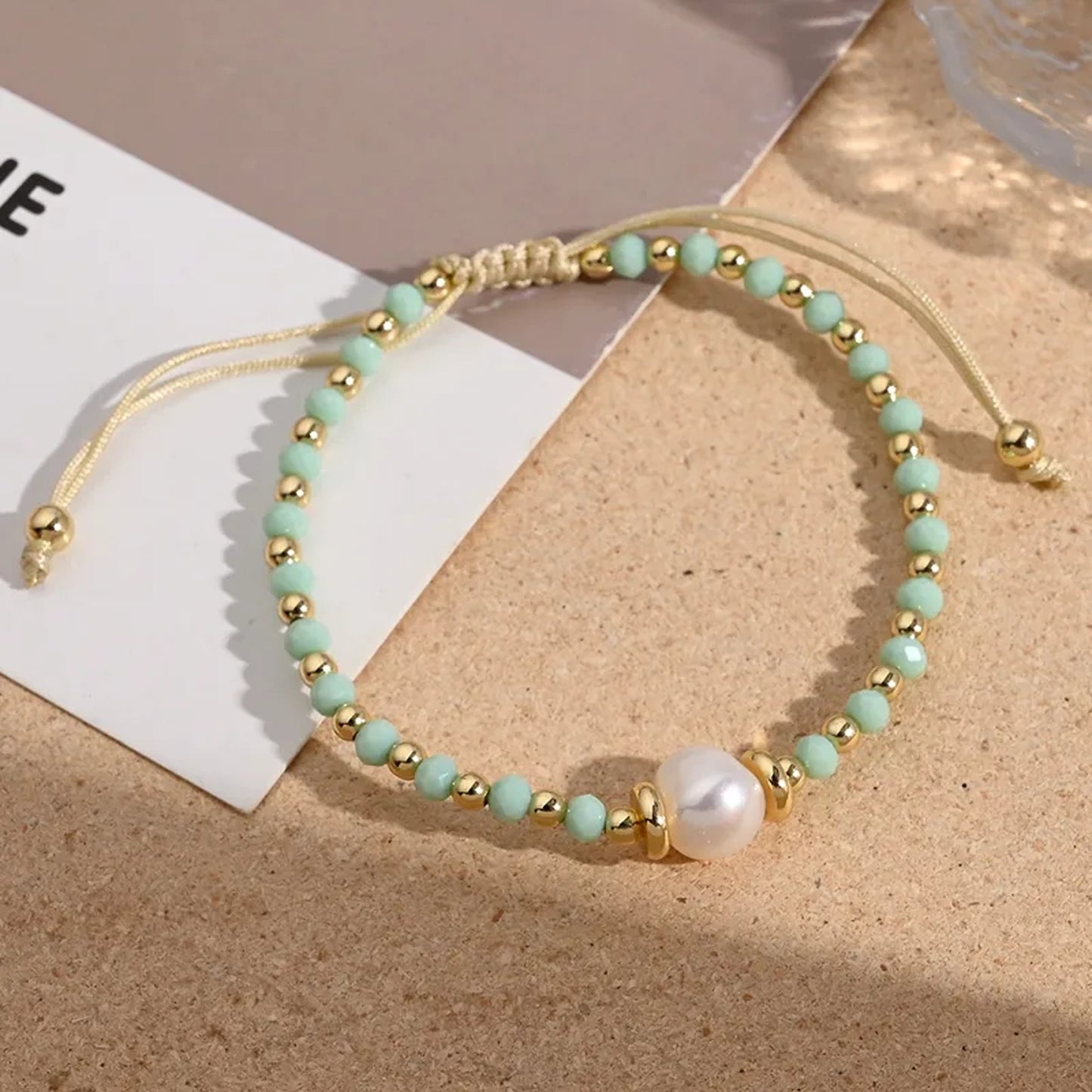 Mint Bead & Pearl Adjustable Bracelet