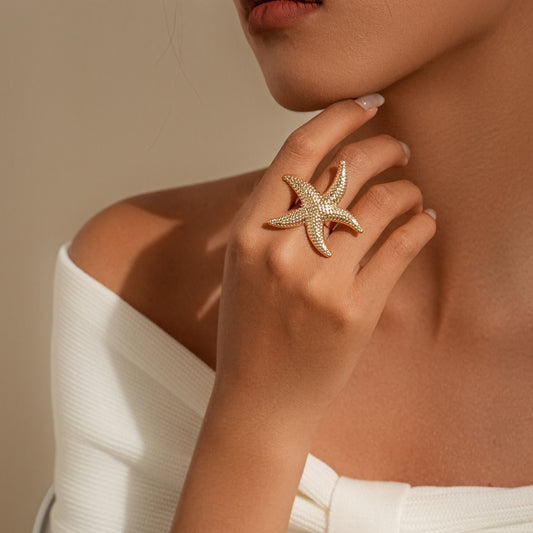 Gold Starfish Statement Ring – Ocean-Inspired Design