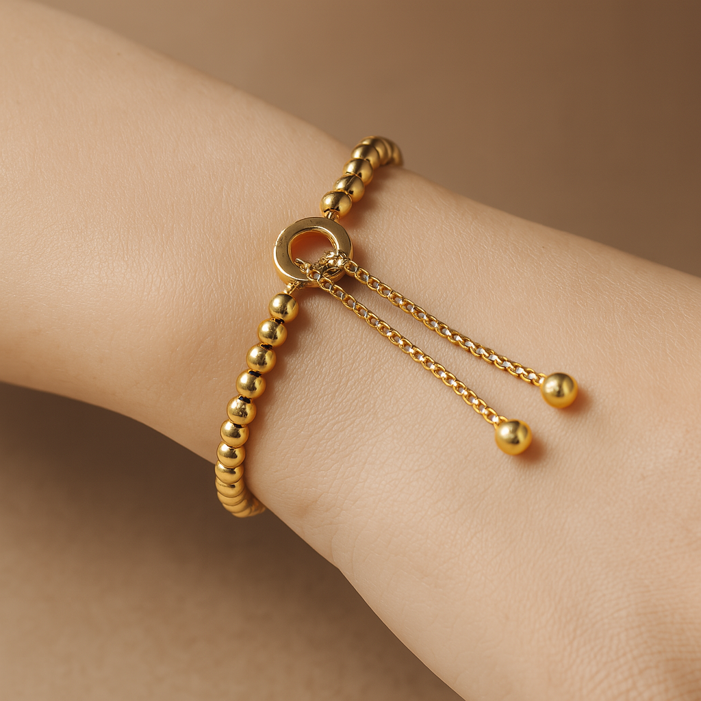 Adjustable Gold Beaded Bracelet with Charm Disc
