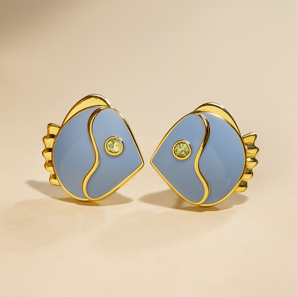 Blue Enamel Fish Stud Earrings – Ocean-Inspired Design