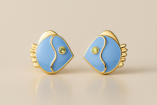 Blue Enamel Fish Stud Earrings – Ocean-Inspired Design