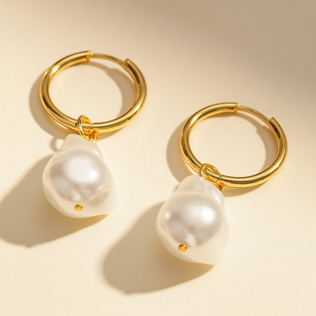 Gold Hoop Earrings with Baroque Pearl Drop