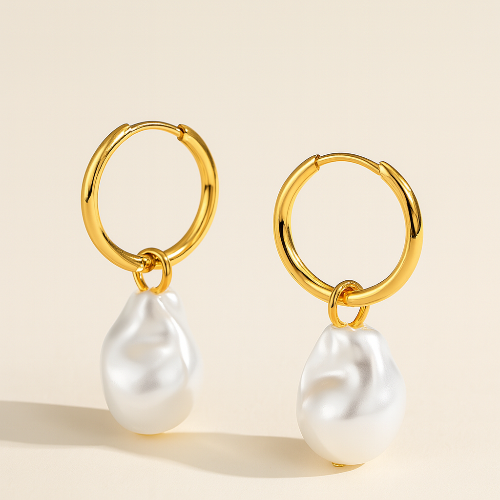 Gold Hoop Earrings with Baroque Pearl Drop