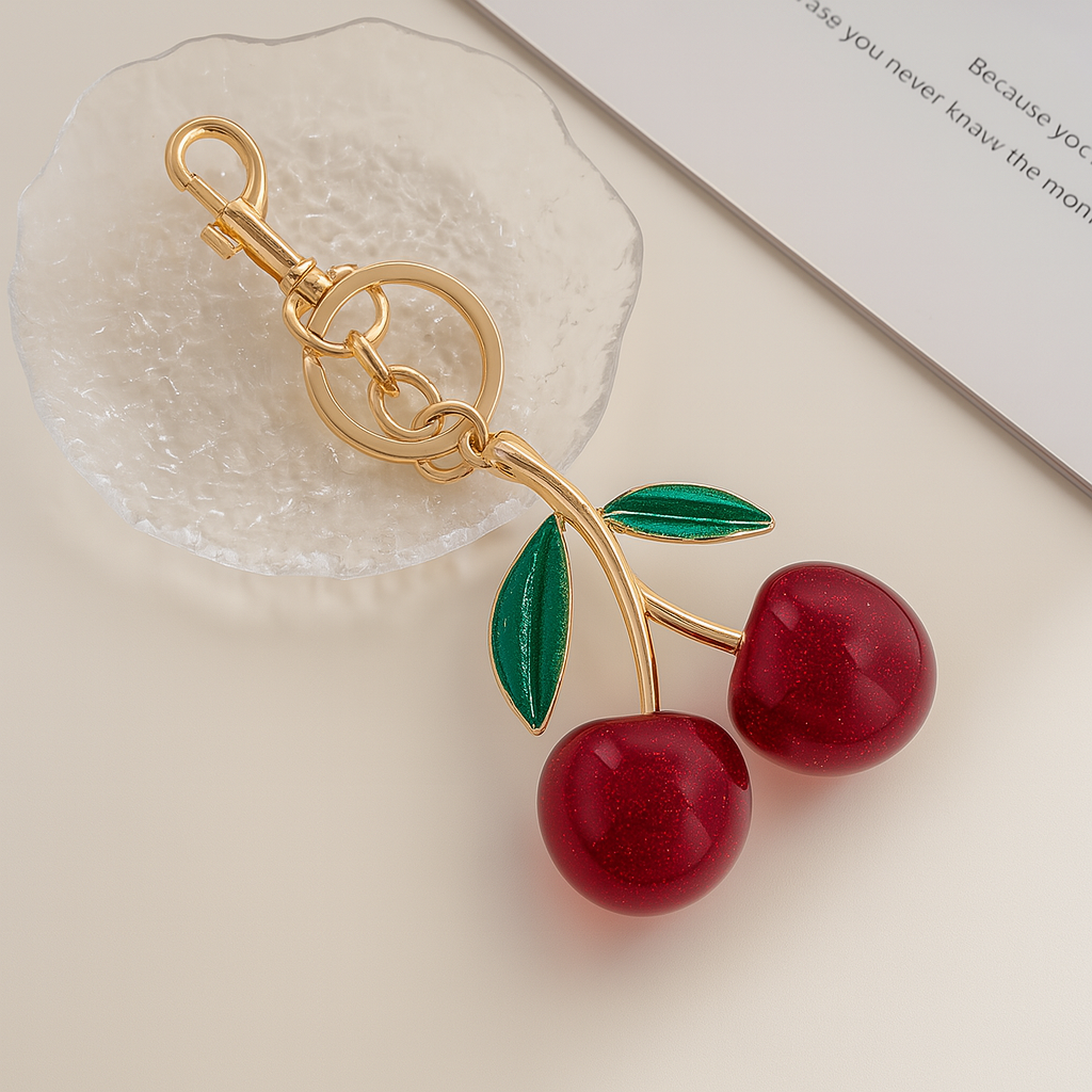 Cherry Charm Keychain – Gold & Glitter Red