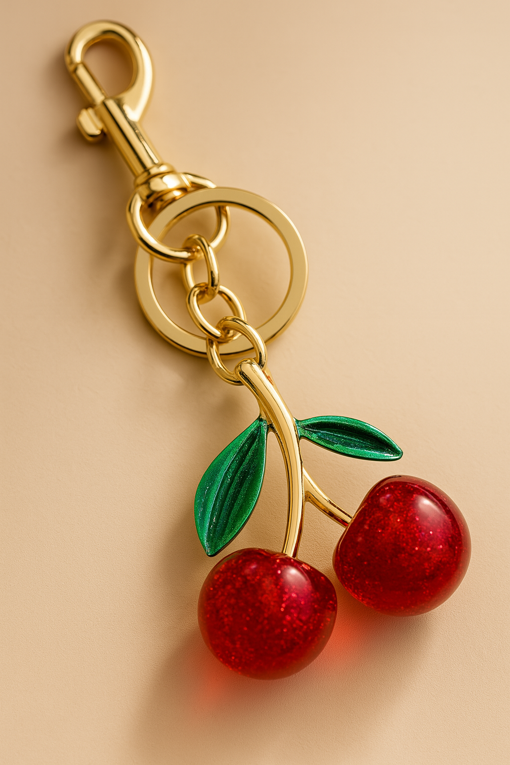 Cherry Charm Keychain – Gold & Glitter Red