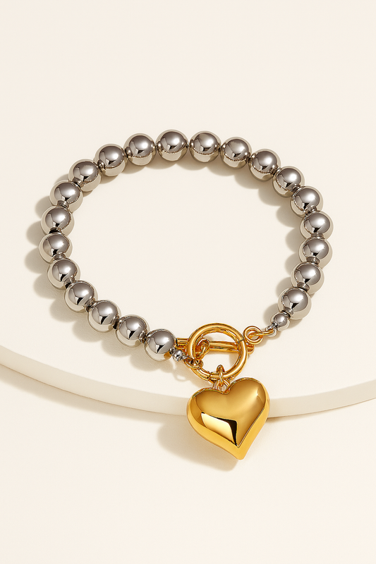 Silver Beaded Bracelet with Gold Heart Charm – Toggle Clasp