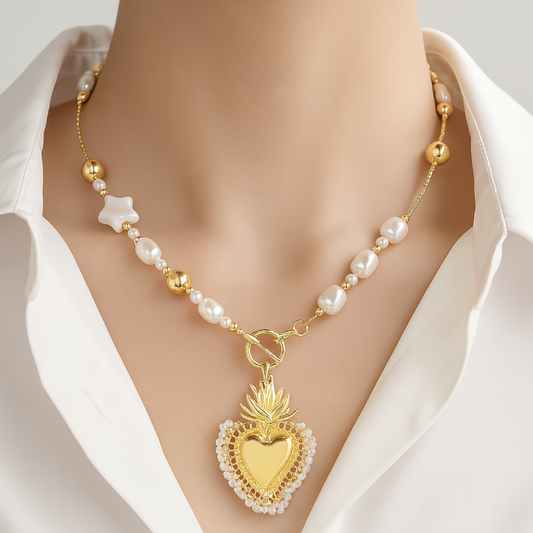 Golden Sacred Heart Pearl Necklace