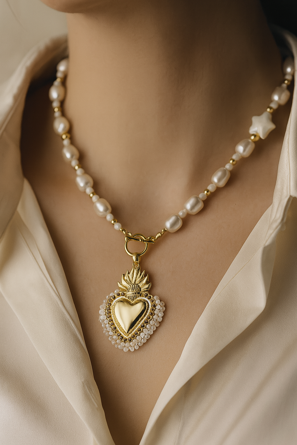 Golden Sacred Heart Pearl Necklace