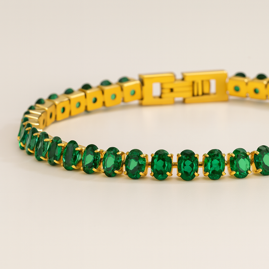 Emerald Green Tennis Bracelet – Gold-Plated Luxury Style