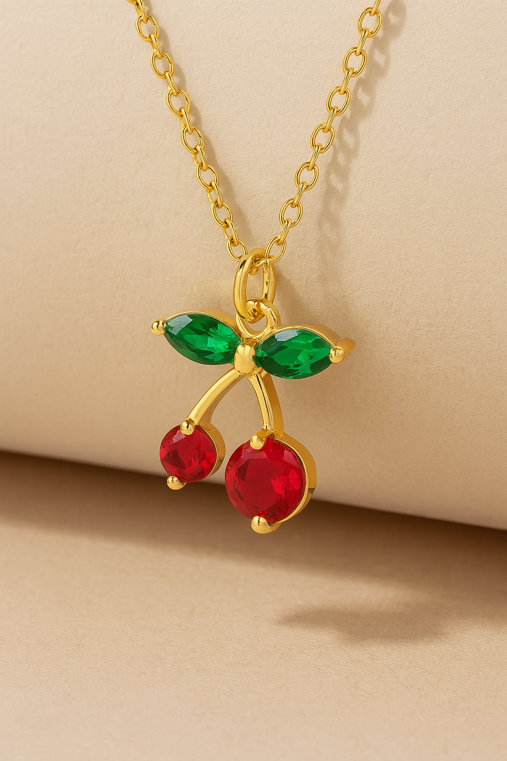 Gold Cherry Necklace with Red & Green Zircon Stones