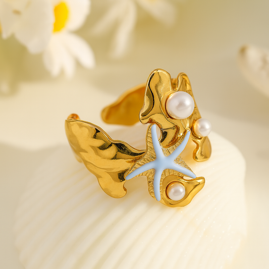 Ocean Starfish & Pearl Adjustable Ring