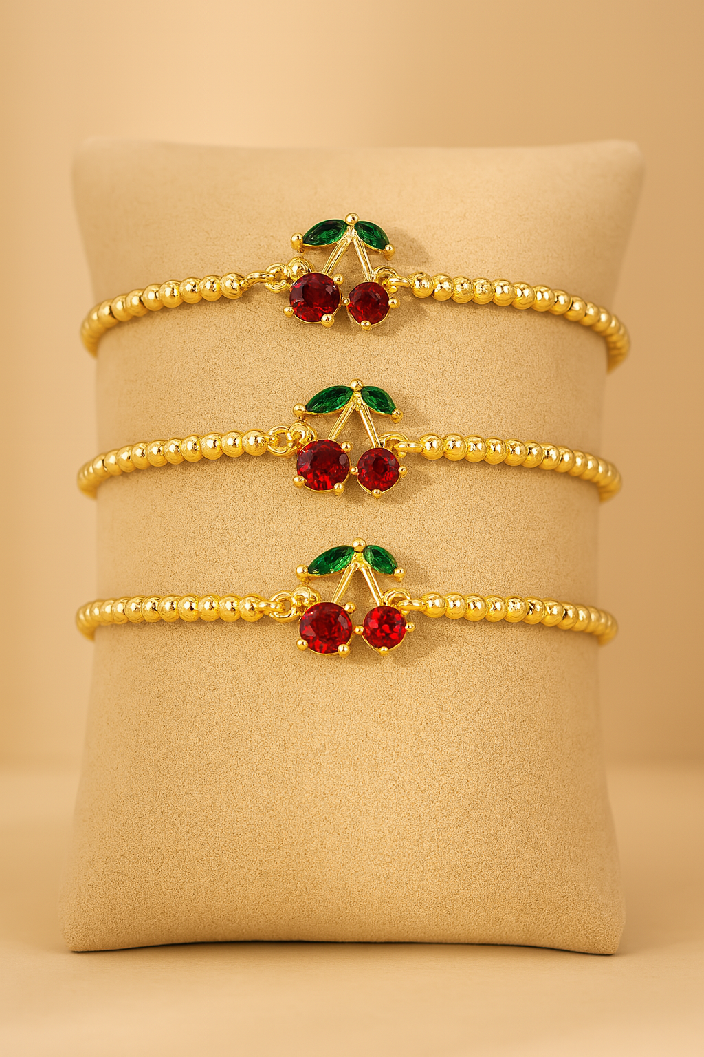 Gold Beaded Cherry Bracelet – Stainless Steel & Zircon