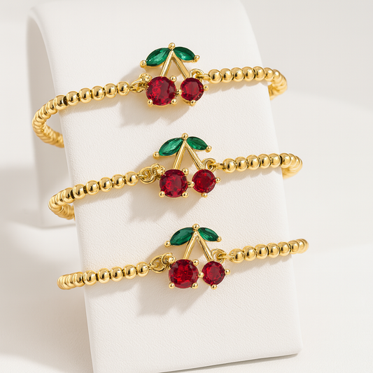 Gold Beaded Cherry Bracelet – Stainless Steel & Zircon