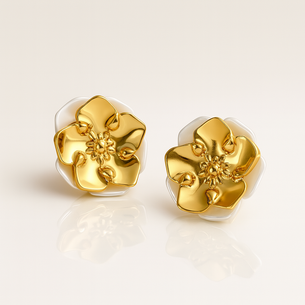 Gold & White Glossy Flower Stud Earrings
