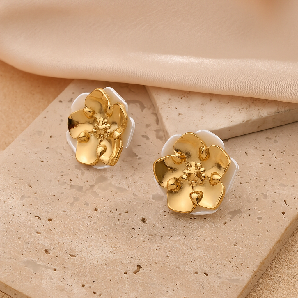 Gold & White Glossy Flower Stud Earrings