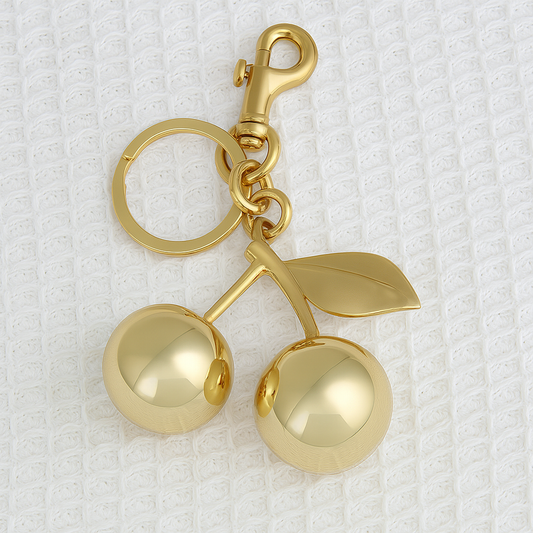 Gold Cherry Charm Keychain – Glossy Finish