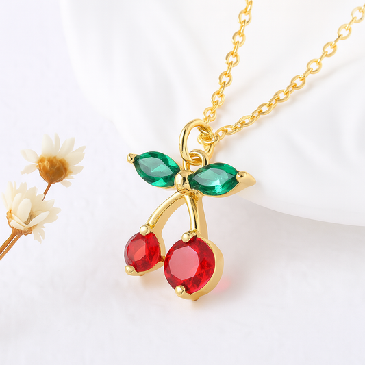 Gold Cherry Necklace with Red & Green Zircon Stones