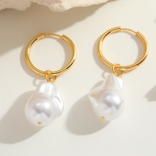 Gold Hoop Earrings with Baroque Pearl Drop