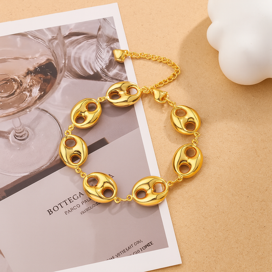 Gold Coffee Bean Link Bracelet – 18K Plated Stainless Steel - LENGTH 200MM