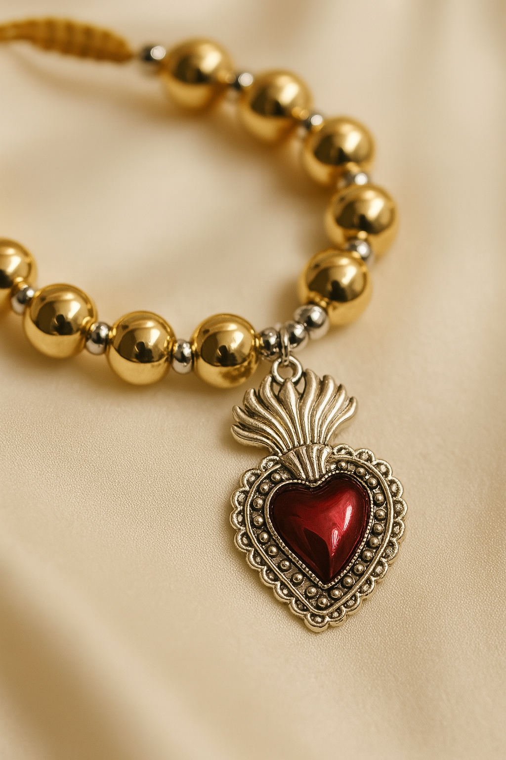 Gold Beaded Bracelet with Red Sacred Heart Charm