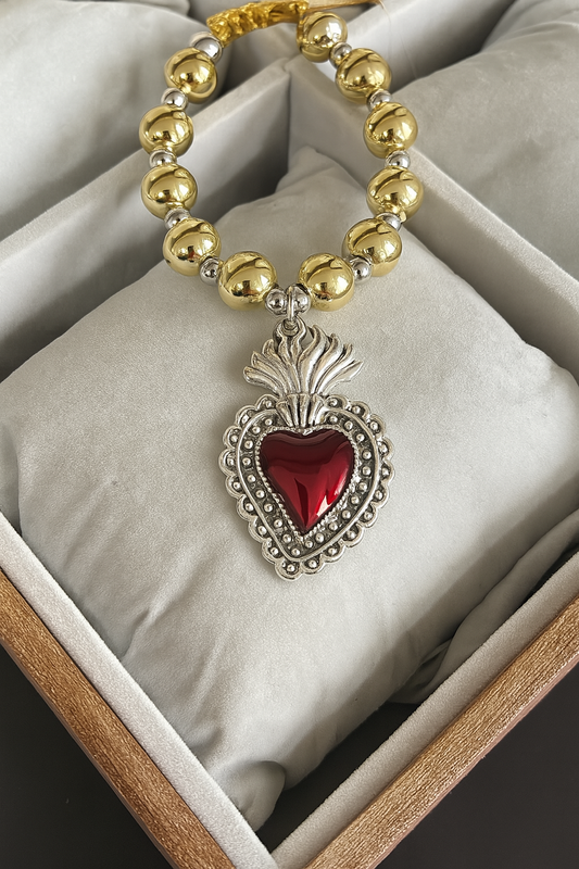 Gold Beaded Bracelet with Red Sacred Heart Charm