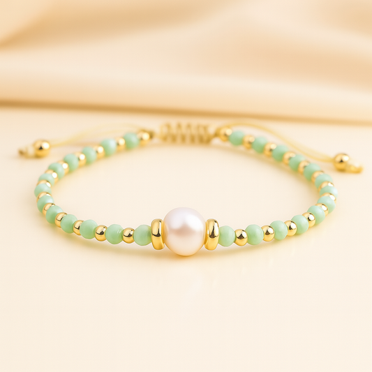 Mint Bead & Pearl Adjustable Bracelet