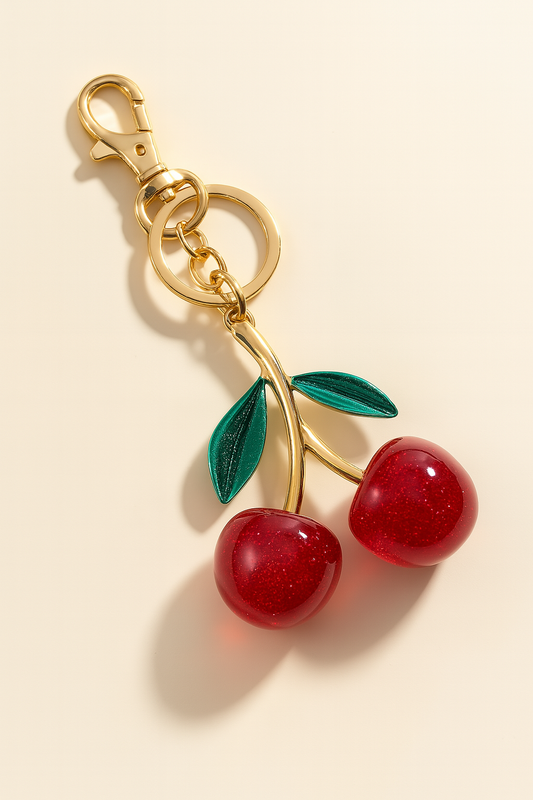 Cherry Charm Keychain – Gold & Glitter Red