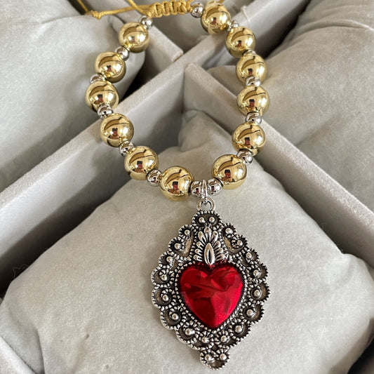 Golden Beaded Bracelet with Enamel Heart Charm